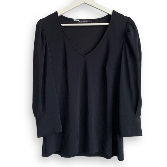 Boston Proper Puff Sleeve Top S Black Blouse Shirt Travel Minimalist - Picture 2 of 12